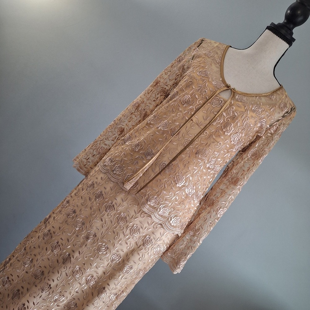 Vtg 90's Y2K Spaghetti Strap Maxi Dress Gown Womens M Gold Lace Overlay Coquette